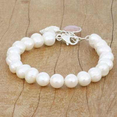 Cultured pearl and chalcedony beaded charm bracelet, 'Alluring Romance' - Cultured Pearl and Chalcedony Beaded Bracelet from Thailand