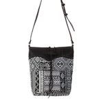 Leather accent cotton blend sling bag, 'Sophisticated Journey' - Leather Accent Cotton Blend Sling in Black and White