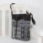 Leather accent cotton blend sling bag, 'Sophisticated Journey' - Leather Accent Cotton Blend Sling in Black and White