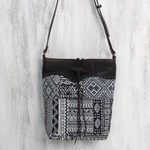 Leather accent cotton blend sling bag, 'Sophisticated Journey' - Leather Accent Cotton Blend Sling in Black and White