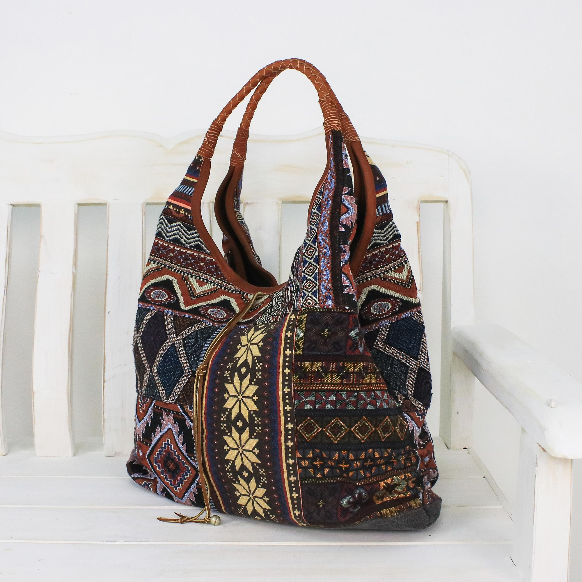 Leather Accent Cotton Blend Hobo Handbag from Thailand - Geometric ...
