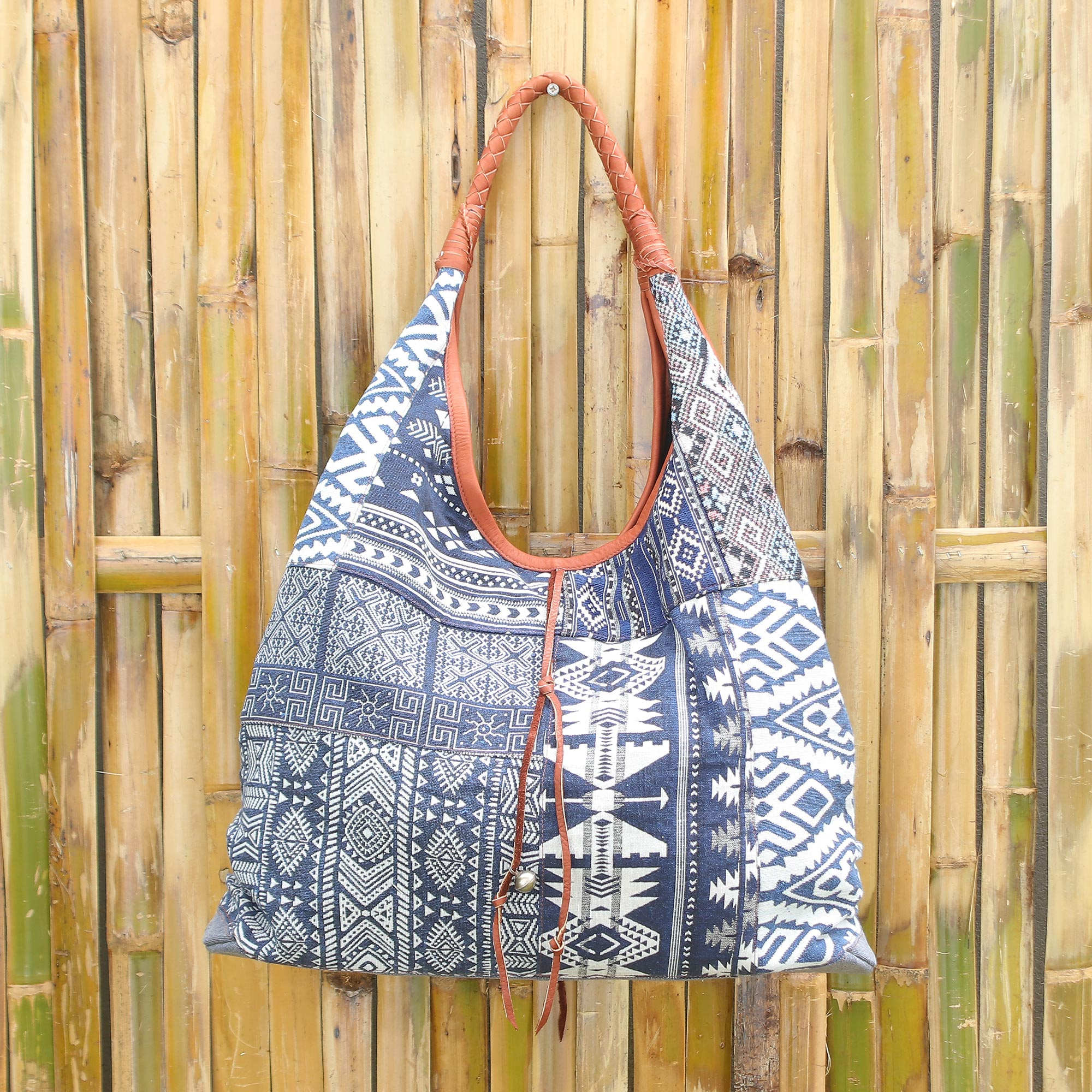 Leather Accent Cotton Blend Hobo Bag in Lapis and White - Lapis