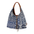 Leather accent cotton blend hobo handbag, 'Lapis Geometry' - Leather Accent Cotton Blend Hobo Bag in Lapis and White (image 2a) thumbail