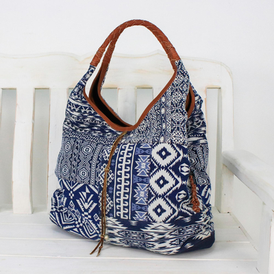 Leather accent cotton blend hobo handbag, 'Lapis Geometry' - Leather Accent Cotton Blend Hobo Bag in Lapis and White