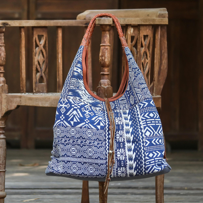 Lapis Geometry,'Leather Accent Cotton Blend Hobo Bag in Lapis and White