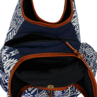 Leather accent cotton blend hobo handbag, 'Lapis Geometry' - Leather Accent Cotton Blend Hobo Bag in Lapis and White