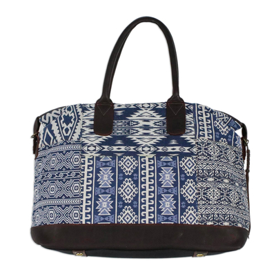 Leather Accent Cotton Blend Tote in Lapis and White - Exotic Adventure ...