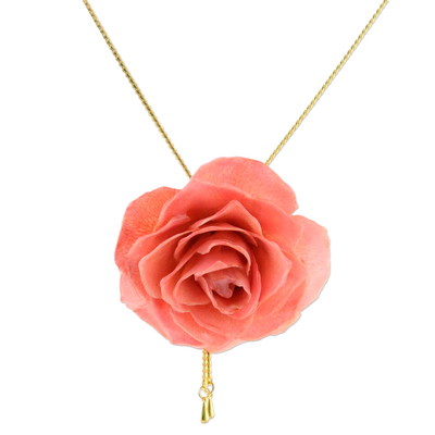 Natural rose lariat necklace, 'Garden Rose in Pink' - Gold and Genuine Pink Rose Necklace from Thailand
