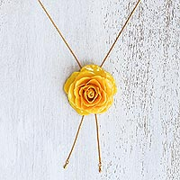 Natural rose lariat necklace, 'Garden Rose in Yellow'