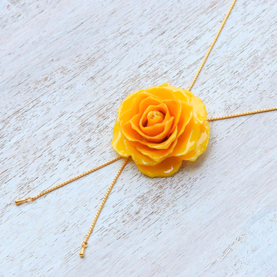 Natural rose lariat necklace, 'Garden Rose in Yellow' - Gold and Genuine Yellow Rose Necklace from Thailand