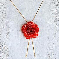 Natural rose lariat necklace, 'Garden Rose in Red' - Gold and Genuine Red Rose Necklace from Thailand