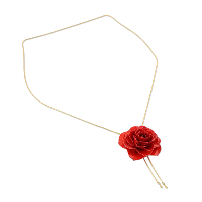 Collar de lazo de rosas naturales - Collar de oro y rosa roja genuina de Tailandia