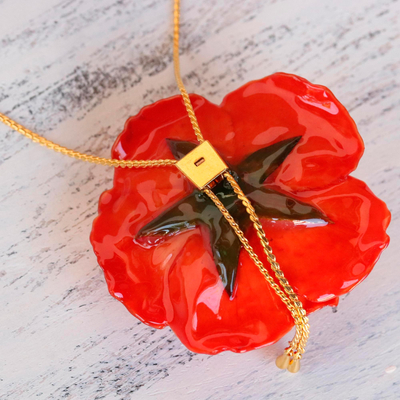 Natural rose lariat necklace, 'Garden Rose in Red' - Gold and Genuine Red Rose Necklace from Thailand
