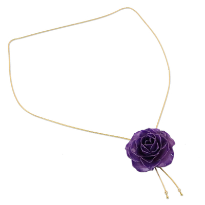 Natural rose lariat necklace, 'Garden Rose in Purple' - Purple Rose Statement Necklace from Thailand