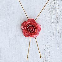 Natural rose lariat necklace, 'Garden Rose in Fuchsia' - Gold and Fuchsia Rose Lariat Necklace from Thailand