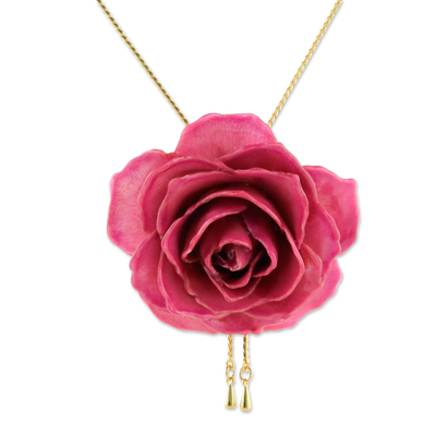 Natural rose lariat necklace, 'Garden Rose in Fuchsia' - Gold and Fuchsia Rose Lariat Necklace from Thailand