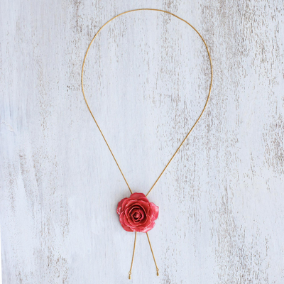 Natural rose lariat necklace, 'Garden Rose in Fuchsia' - Gold and Fuchsia Rose Lariat Necklace from Thailand