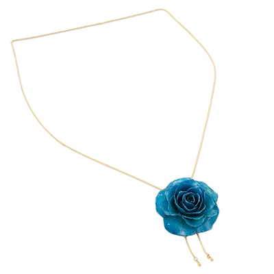 Natural rose lariat necklace, 'Garden Rose in Blue' - 24k Gold Plated Blue Rose Statement Necklace from Thailand