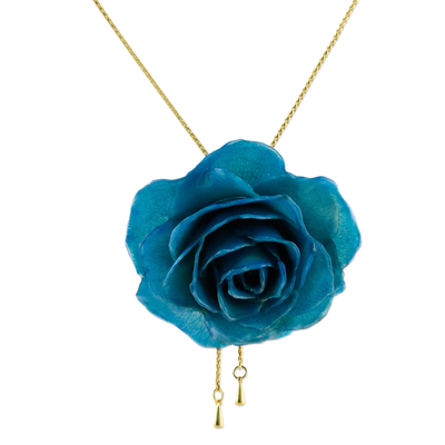Natural rose lariat necklace, 'Garden Rose in Blue' - 24k Gold Plated Blue Rose Statement Necklace from Thailand