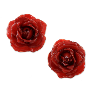 Natural Rose Button Earrings in Red from Thailand