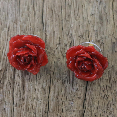 Natural rose button earrings, 'Flowering Passion in Red' - Natural Rose Button Earrings in Red from Thailand