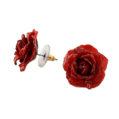 Natürliche Rosenknopf-Ohrringe - Natürliche Rosen-Knopfohrringe in Rot aus Thailand