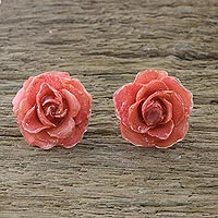 Natural rose button earrings, 'Flowering Passion in Pink' - Natural Rose Button Earrings in Pink from Thailand