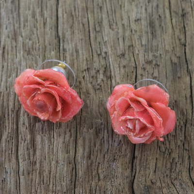 Natural rose button earrings, 'Flowering Passion in Pink' - Natural Rose Button Earrings in Pink from Thailand