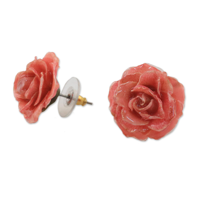 Pendientes de botón de rosa natural, 'Flowering Passion in Pink' - Pendientes de botón de rosa natural en rosa de Tailandia