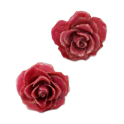 Natural rose button earrings, 'Flowering Passion in Cerise' - Natural Rose Button Earrings in Cerise from Thailand