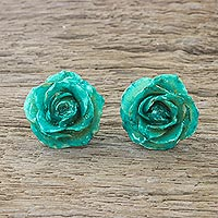 Natural rose button earrings, 'Flowering Passion in Green' - Natural Rose Button Earrings in Aqua from Thailand