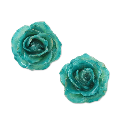 Natural Rose Button Earrings in Aqua from Thailand