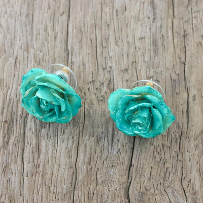 Natürliche Rosenknopf-Ohrringe - Natürliche Rosen-Knopfohrringe in Aqua aus Thailand