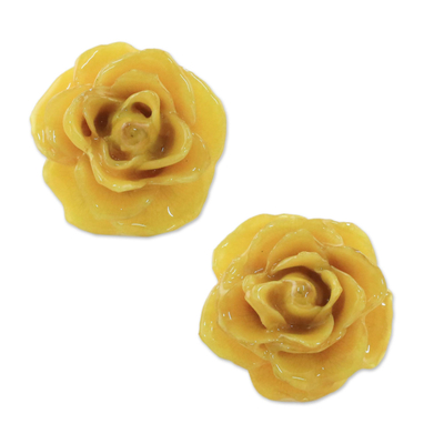 Natural rose button earrings, 'Flowering Passion in Yellow' - Natural Rose Button Earrings in Yellow from Thailand
