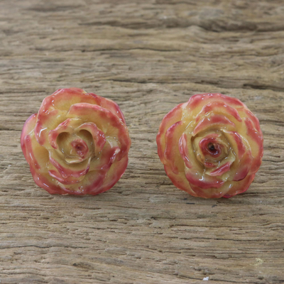 Natural rose button earrings, 'Flowering Passion' - Artisan Crafted Natural Rose Button Earrings from Thailand