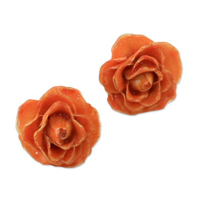 Natural rose button earrings, 'Flowering Passion in Orange' - Natural Rose Button Earrings in Orange from Thailand