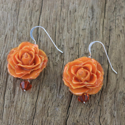 Natural rose dangle earrings, 'Floral Temptation in Orange' - Natural Rose Dangle Earrings in Orange from Thailand