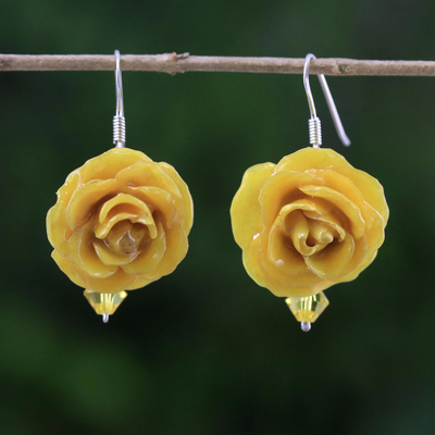 Natural rose dangle earrings, Floral Temptation in Yellow
