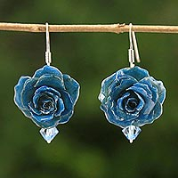 Natural rose dangle earrings, 'Floral Temptation in Azure' - Natural Rose Dangle Earrings in Azure from Thailand