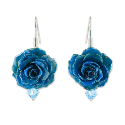 Natural rose dangle earrings, 'Floral Temptation in Azure' - Natural Rose Dangle Earrings in Azure from Thailand