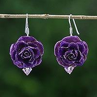 Natural rose dangle earrings, 'Floral Temptation in Purple'