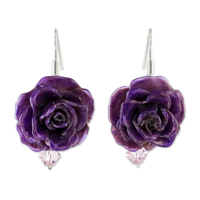 Natural rose dangle earrings, 'Floral Temptation in Purple' - Natural Rose Dangle Earrings in Purple from Thailand
