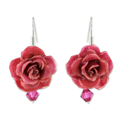 Natural rose dangle earrings, 'Floral Temptation in Cerise' - Natural Rose Dangle Earrings in Cerise from Thailand
