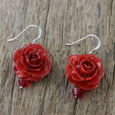 Natural rose dangle earrings, 'Floral Temptation in Red' - Natural Rose Dangle Earrings in Red from Thailand
