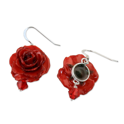 Natural rose dangle earrings, 'Floral Temptation in Red' - Natural Rose Dangle Earrings in Red from Thailand