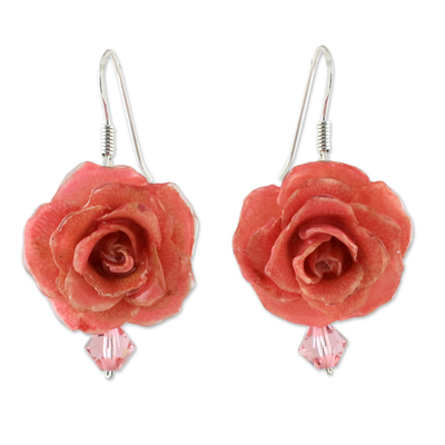 Natural rose dangle earrings, 'Floral Temptation in Pink' - Natural Rose Dangle Earrings in Pink from Thailand