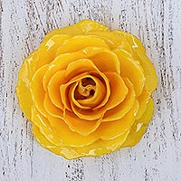 Broche de rosa natural, 'Rosy Mood in Yellow' - Broche de rosa natural artesanal en amarillo de Tailandia