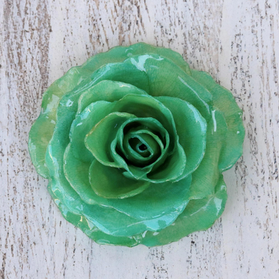 Natural rose brooch, 'Rosy Mood in Green' - Artisan Crafted Natural Rose Brooch in Green from Thailand