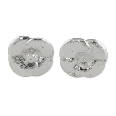 Silver Plated Natural Crown of Thorns Flower Button Earrings