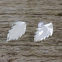 Sterling silver plated natural leaf button earrings, 'Shining Fern' - Silver Plated Natural Davallia Leaf Earrings from Thailand